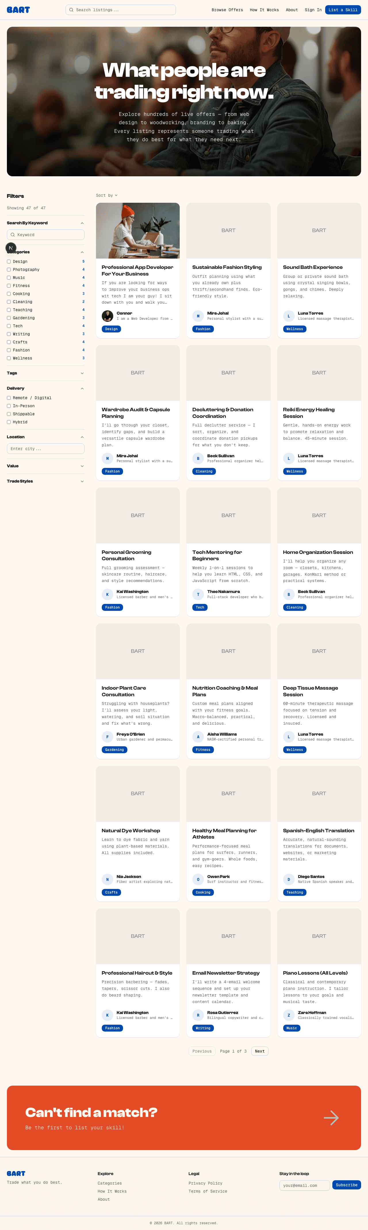 Browse offers page with listing cards and filters